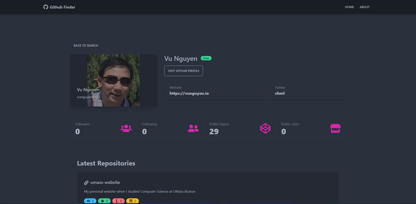 GitHub Profile Finder showing a searched profile